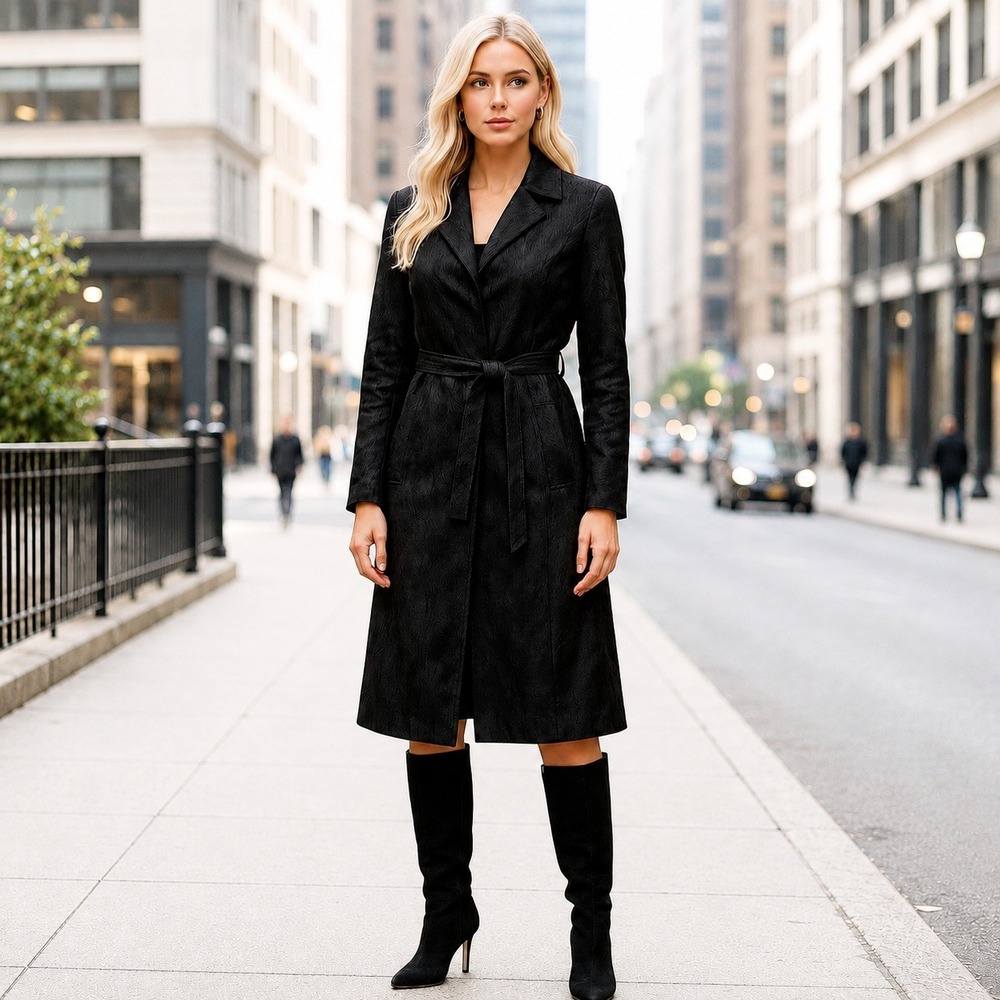 Etcetera Womens Size 2 Black Textured Belted Long Coat Cotton Viscose